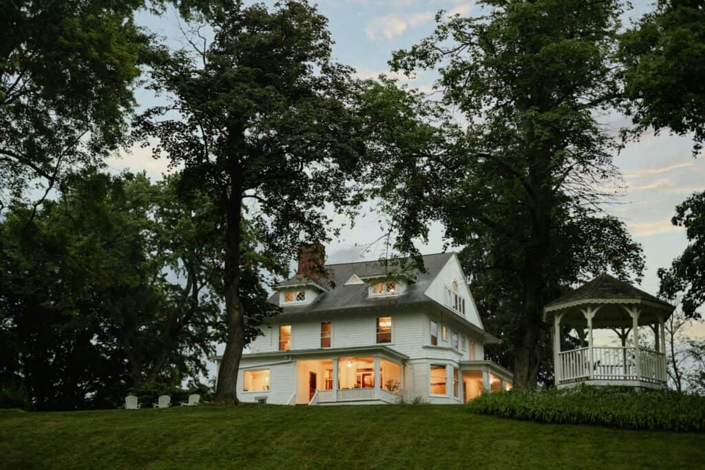 Lakeside home at twilight
