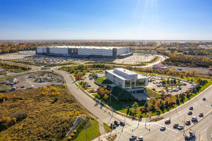 Aerial photo of a commercial building and parking lot