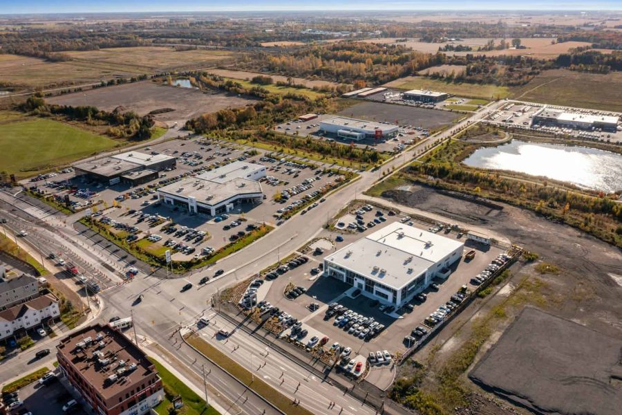 Aerial view of a large commercial building