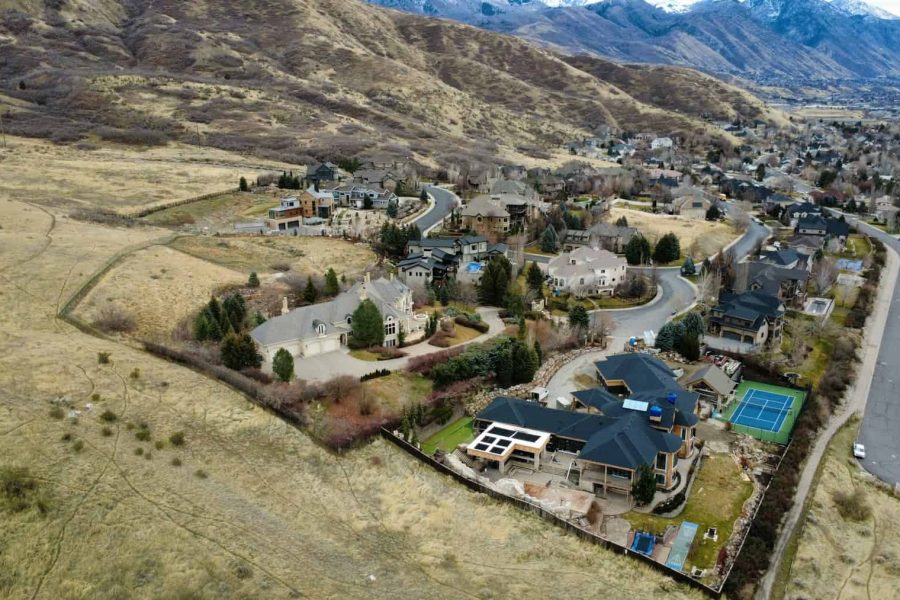 Aerial view of hillside homes