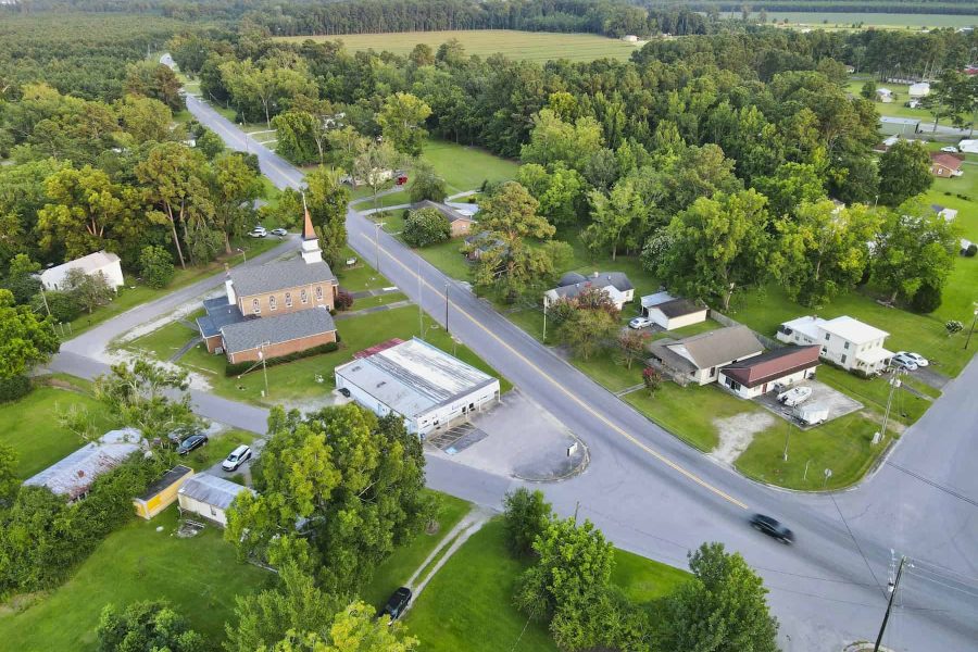 Aerial view of a small Southern town