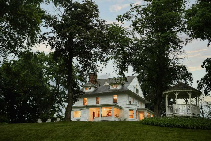 Lakeside home at twilight